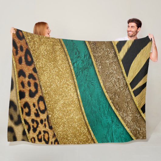 Luxury Emerald & Gold Safari Leopard Zebra Glitter Fleece Deken (In situ)