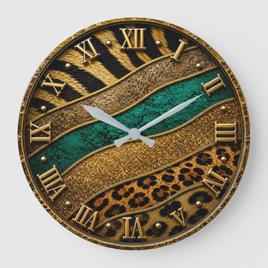 Luxury Emerald & Gold Safari Leopard Zebra Glitter Grote Klok (Voorkant)