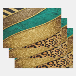Luxury Emerald & Gold Safari Leopard Zebra Glitter Inpakpapier Vel
