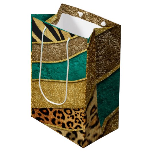 Luxury Emerald & Gold Safari Leopard Zebra Glitter Medium Cadeauzakje (Voorkant Gekanteld)