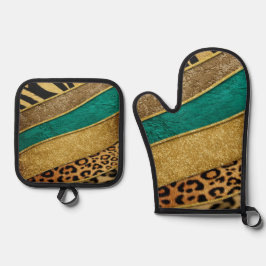 Luxury Emerald & Gold Safari Leopard Zebra Glitter Ovenwant & Pannenlap Set