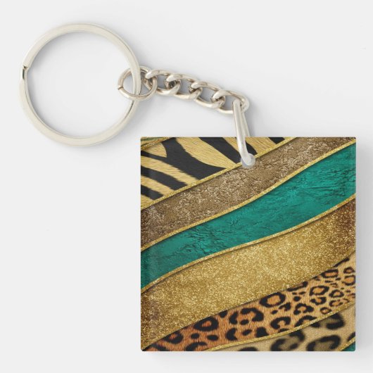 Luxury Emerald & Gold Safari Leopard Zebra Glitter Sleutelhanger (voorkant)