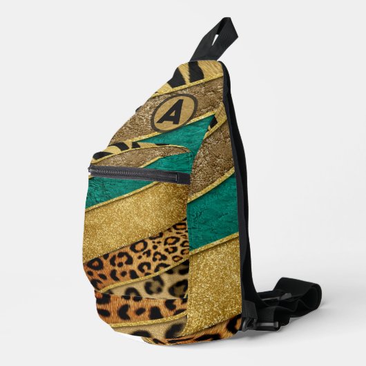 Luxury Emerald & Gold Safari Leopard Zebra Glitter Sling Bag (Rechterhoek)