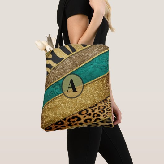 Luxury Emerald & Gold Safari Leopard Zebra Glitter Tote Bag (Dichtbij)