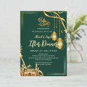 Luxury Emerald Green and Gold Mosque Iftar Dinner Kaart (Staand voorkant)