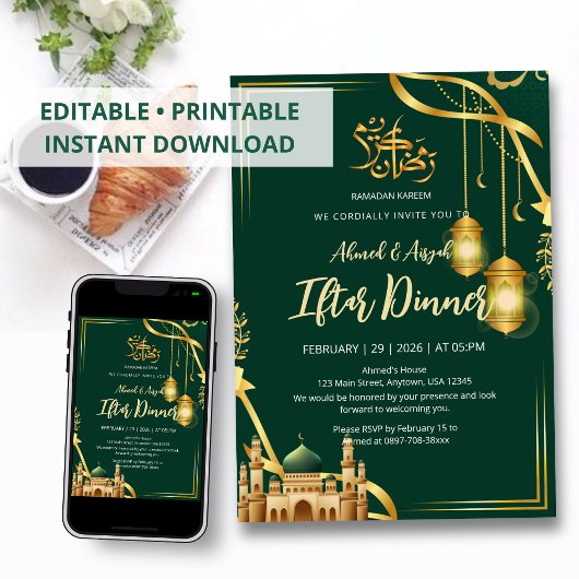 Luxury Emerald Green and Gold Mosque Iftar Dinner Kaart