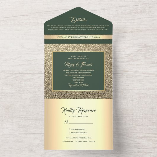 Luxury Emerald Green Wedding All In One Uitnodiging (Binnen)