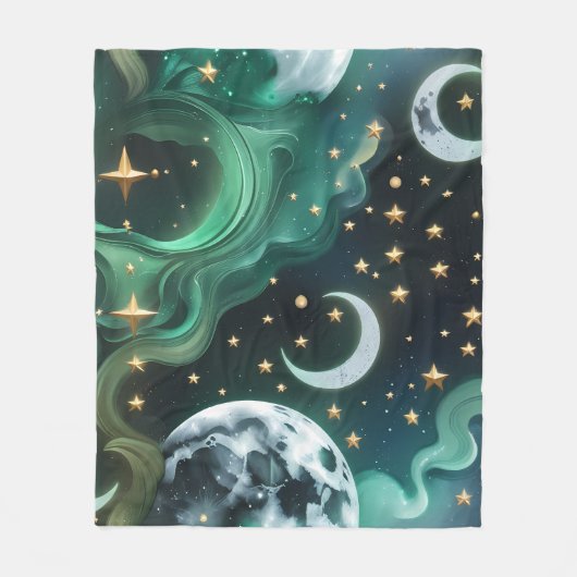 Luxury Emerald Moon Motifs Blanket – Ethereal Jade Fleece Deken (Voorkant)