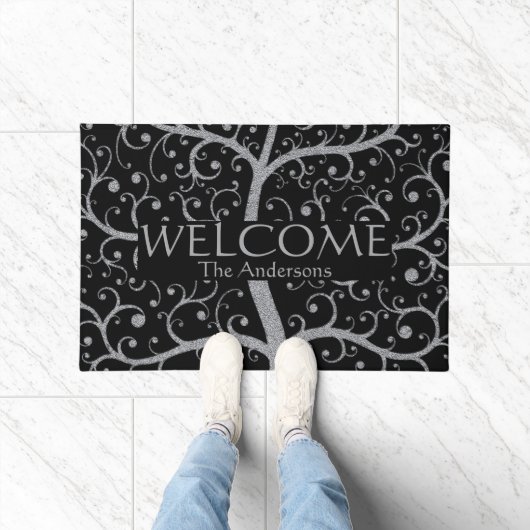 Luxury Family Tree Name Black Silver Personated Deurmat (Binnen)