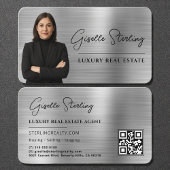 Luxury Faux Silver Metallic Realtor Photo QR Code Visitekaartje
