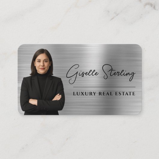 Luxury Faux Silver Metallic Realtor Photo QR Code Visitekaartje (Voorkant)
