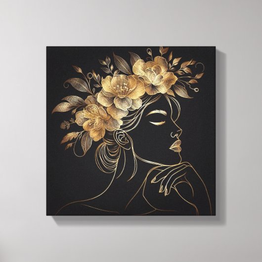 Luxury Feminine Face with Golden Floral Crown Canvas Afdruk (Voorkant)