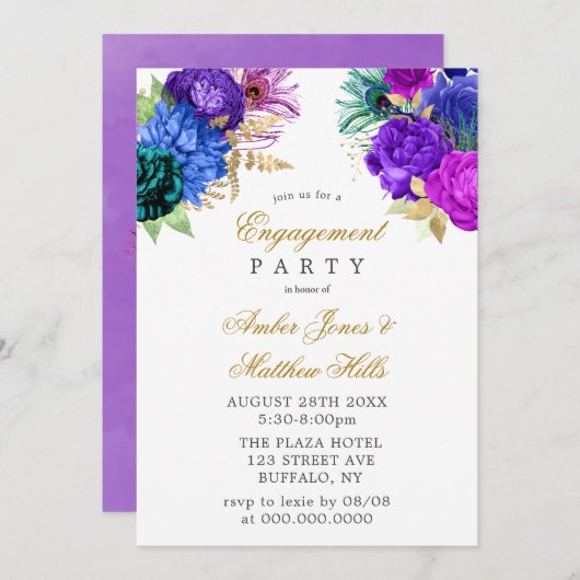 Luxury Fiesta Peacock Glitter Engagement Party Kaart (Voorkant / Achterkant)