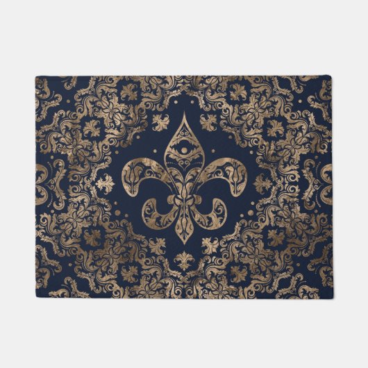 Luxury Fleur-de-lis Ornament - goud en donkerblauw Deurmat (Voorkant)