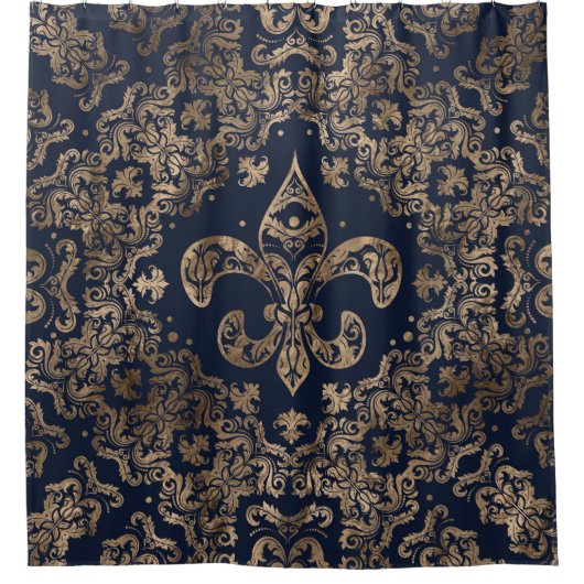 Luxury Fleur-de-lis Ornament - goud en donkerblauw Douchegordijn (Voorkant)