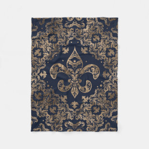 Luxury Fleur-de-lis Ornament - goud en donkerblauw Fleece Deken