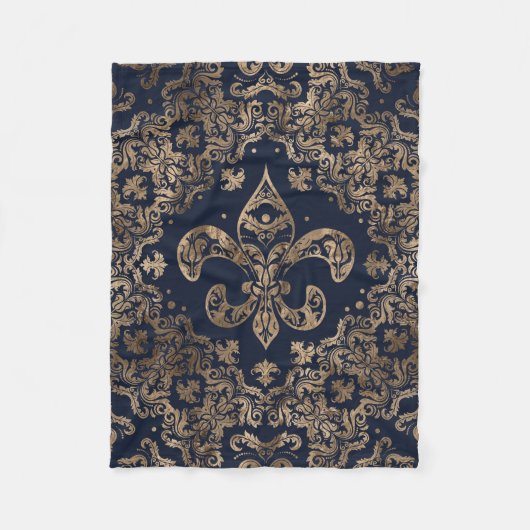 Luxury Fleur-de-lis Ornament - goud en donkerblauw Fleece Deken (Voorkant)