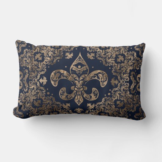 Luxury Fleur-de-lis Ornament - goud en donkerblauw Kussen (Voorkant)