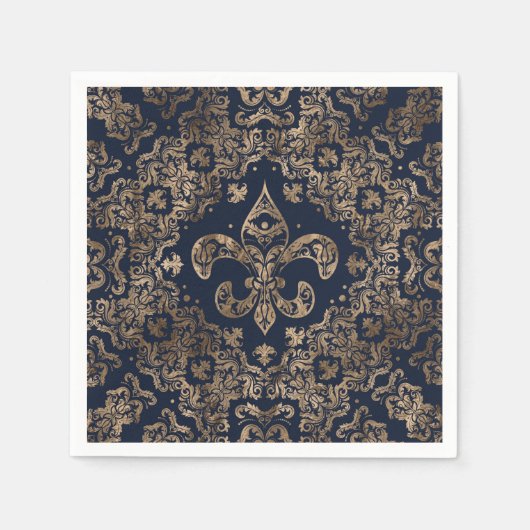Luxury Fleur-de-lis Ornament - goud en donkerblauw Servet (Voorkant)