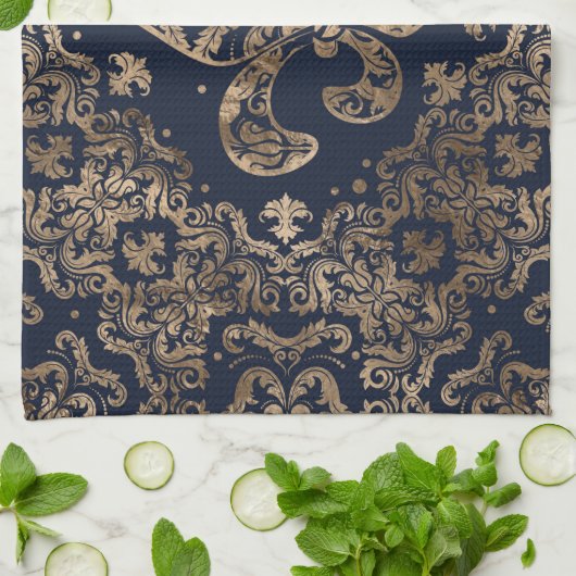 Luxury Fleur-de-lis Ornament - goud en donkerblauw Theedoek (Gevouwen)