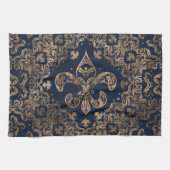 Luxury Fleur-de-lis Ornament - goud en donkerblauw Theedoek (Horizontaal)