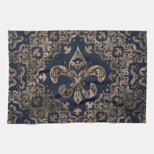 Luxury Fleur-de-lis Ornament - goud en donkerblauw Theedoek