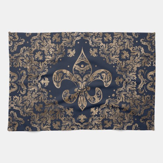 Luxury Fleur-de-lis Ornament - goud en donkerblauw Theedoek (Horizontaal)