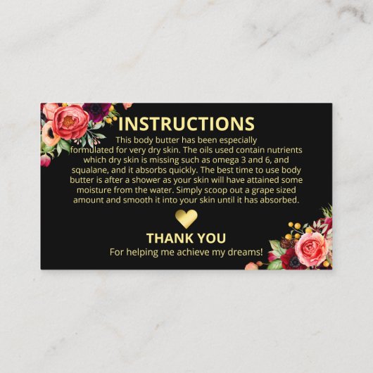 Luxury Floral Black Spa Ingredients Instructions Visitekaartje (Achterkant)