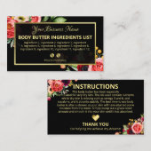 Luxury Floral Black Spa Ingredients Instructions Visitekaartje (Voorkant / Achterkant)