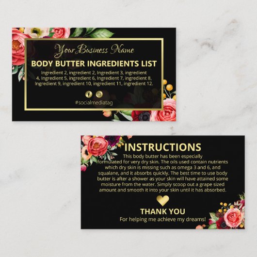 Luxury Floral Black Spa Ingredients Instructions Visitekaartje (Voorkant / Achterkant)