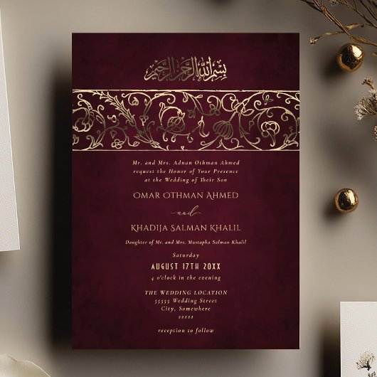 Luxury Floral Burgundy & Gold Islamic Wedding Folie Uitnodiging