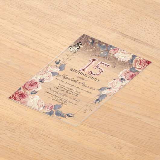 Luxury Floral,Butterfly,Lights 15th Birthday  Acryl Uitnodigingen (Laagn)