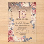 Luxury Floral,Butterfly,Lights 15th Birthday  Acryl Uitnodigingen (Voorkant)