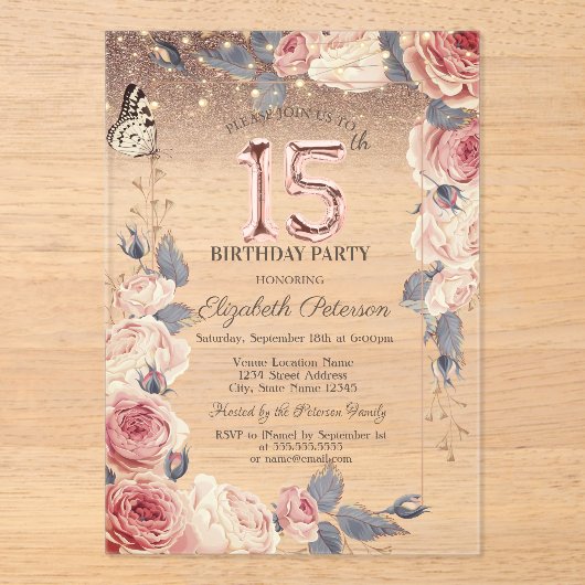 Luxury Floral,Butterfly,Lights 15th Birthday Acryl Uitnodigingen (Voorkant)