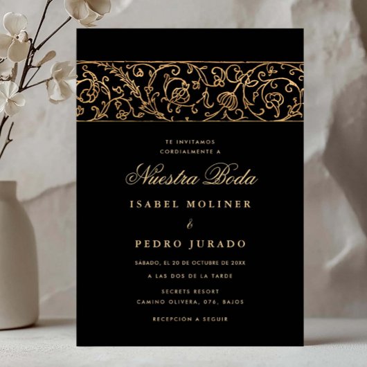 Luxury Floral Gold & Black Nuestra Boda Wedding Kaart