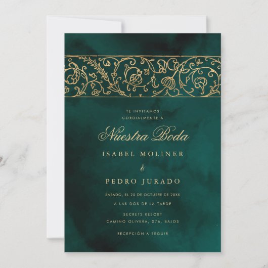 Luxury Floral Gold & Green Nuestra Boda Wedding Kaart (Voorkant)