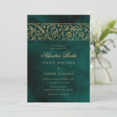 Luxury Floral Gold & Green Nuestra Boda Wedding Kaart (Staand voorkant)