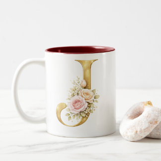 Luxury Floral Gold Letter J Monogram Logo Tweekleurige Koffiemok