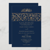 Luxury Floral Gold Navy Blue Islamic Wedding Kaart (Voorkant / Achterkant)