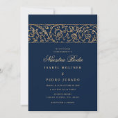 Luxury Floral Gold Navy Blue Nuestra Boda Wedding Kaart (Voorkant)