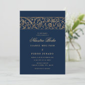 Luxury Floral Gold Navy Blue Nuestra Boda Wedding Kaart (Staand voorkant)
