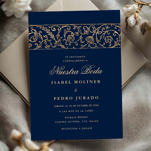 Luxury Floral Gold Navy Blue Nuestra Boda Wedding Kaart