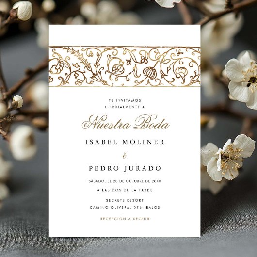 Luxury Floral Gold Nuestra Boda Spanish Wedding Kaart