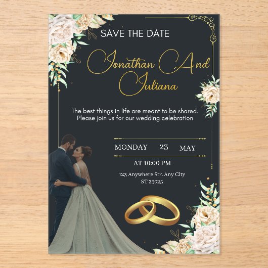 Luxury Floral Save Acrylic Wedding Invitation Acryl Uitnodigingen (Voorkant)