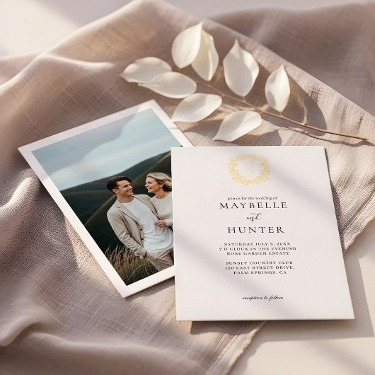 Luxury Floral Vine Crest Monogram Wedding Photo Folie Uitnodiging