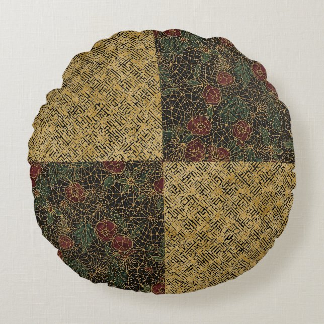 Luxury Flowers and Gold Pattern ,Gold Black Red  Rond Kussen (Voorkant)