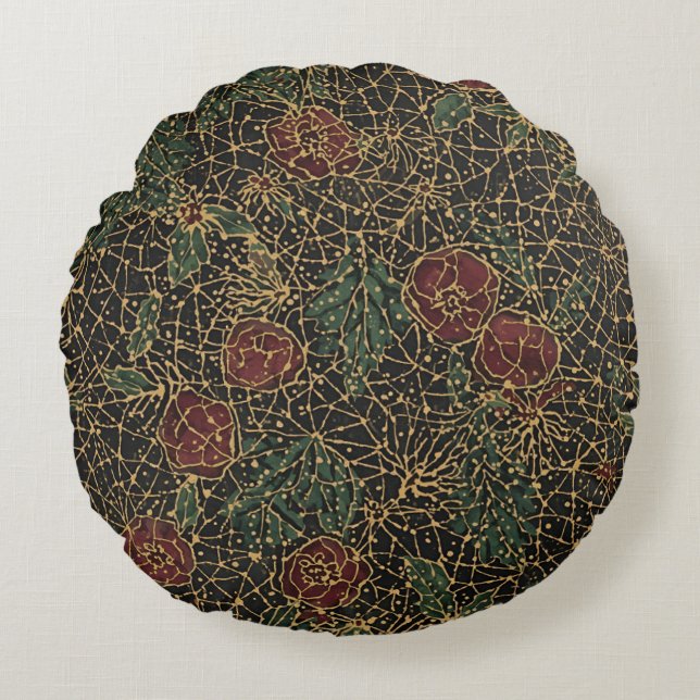 Luxury Flowers Pattern,Gold Black Red Green Rond Kussen (Voorkant)