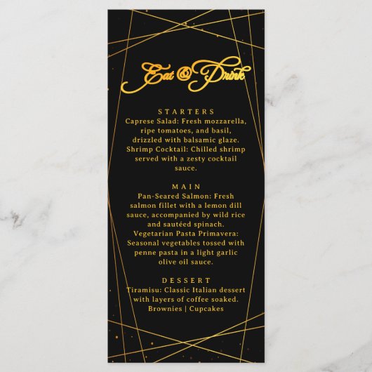 Luxury Geometric Black Tie Wedding Dinner Menu (Voorkant)