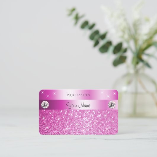 Luxury Girly Pink Glitter Sparking Stars Diamonds Visitekaartje (Staand voorkant)