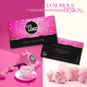 Luxury Girly Pink Glitter Sparkle Stars Black Logo Visitekaartje